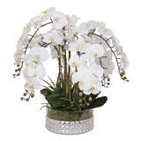 Real Touch White Phalaenopsis Orchids and Leaves Arrangement in Round Glass Bowl #F-145