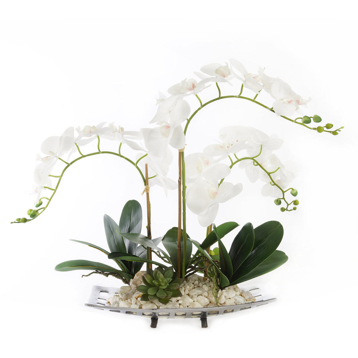 Real Touch White Orchids With Succulents and Natural Pebbles In Aluminum Tray#F-154