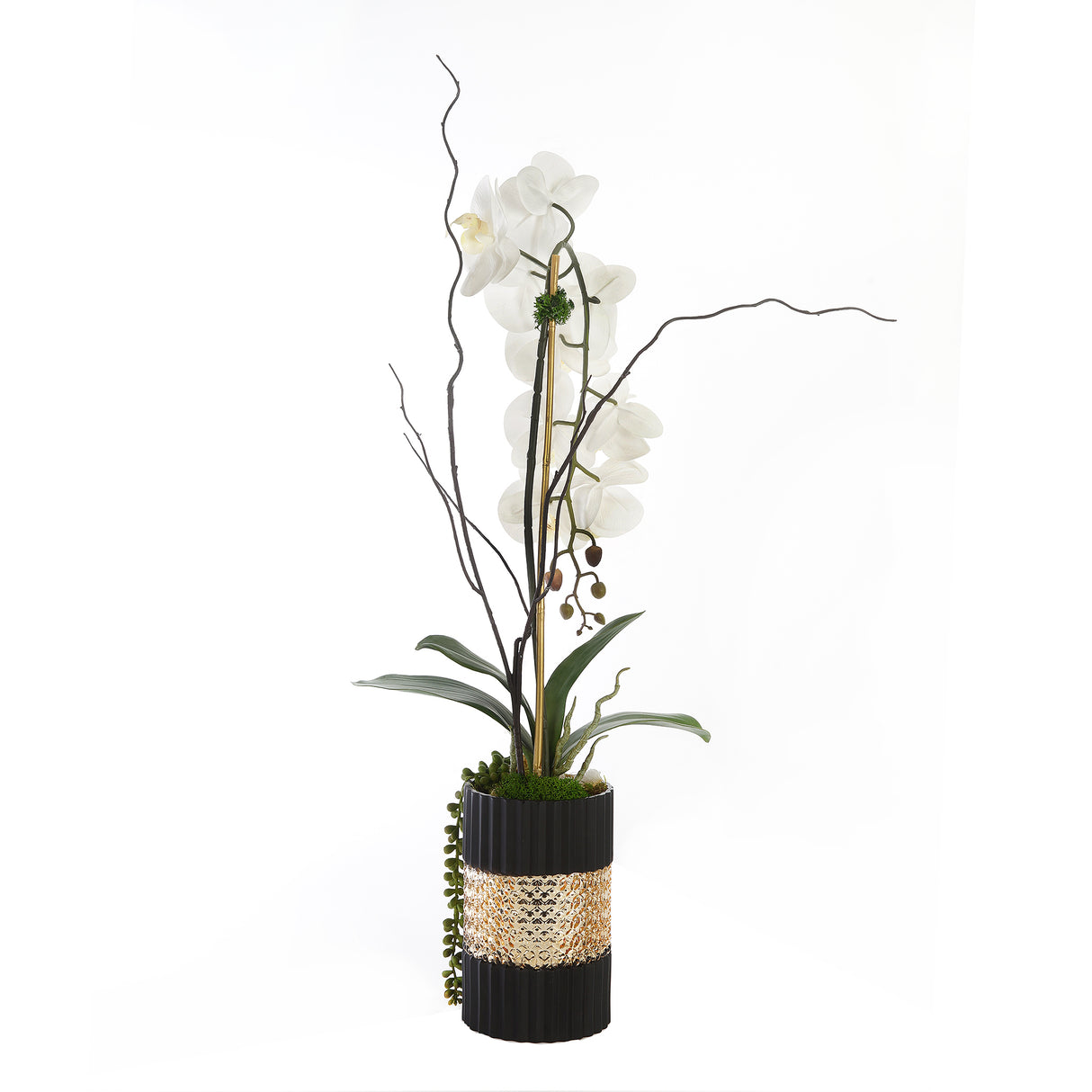 Real Touch Orchid with Geodes Crystal Rocks in Black/Gold Glass Vase#F-157