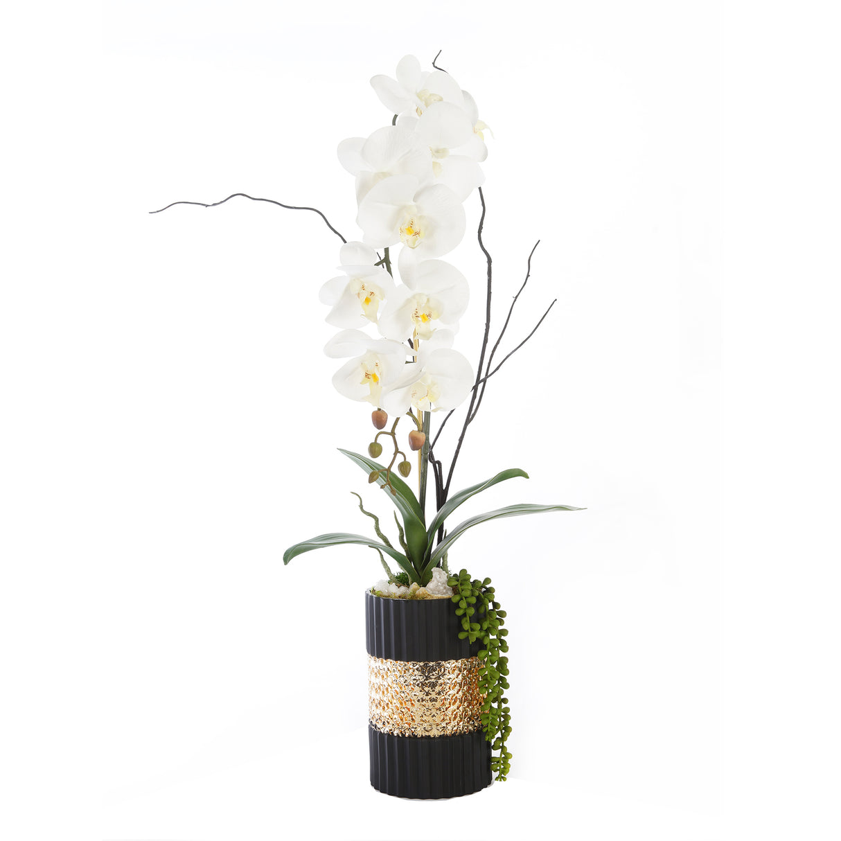 Real Touch Orchid with Geodes Crystal Rocks in Black/Gold Glass Vase#F-157