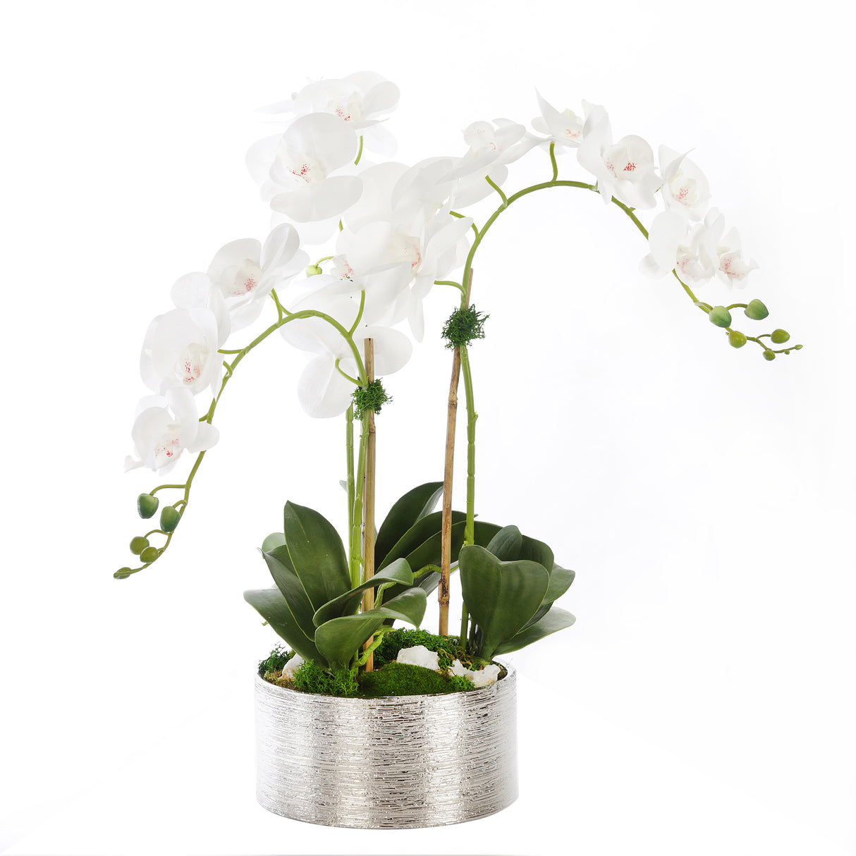 Real Touch White Phalaenopsis Orchids with Geodes Flower Arrangement in Round Silver Etched Ceramic Pot#F-159