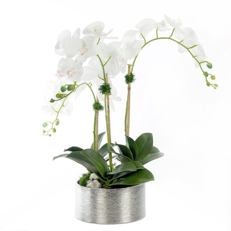 Real Touch White Phalaenopsis Orchids with Geodes Flower Arrangement in Round Silver Etched Ceramic Pot#F-159