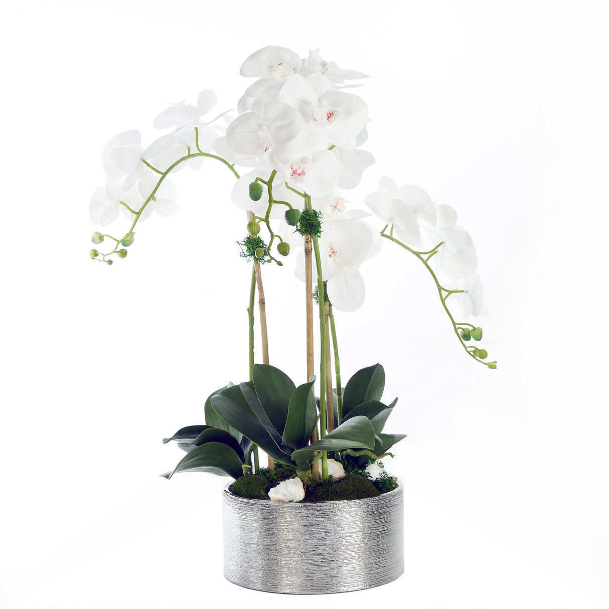 Real Touch White Phalaenopsis Orchids with Geodes Flower Arrangement in Round Silver Etched Ceramic Pot#F-159