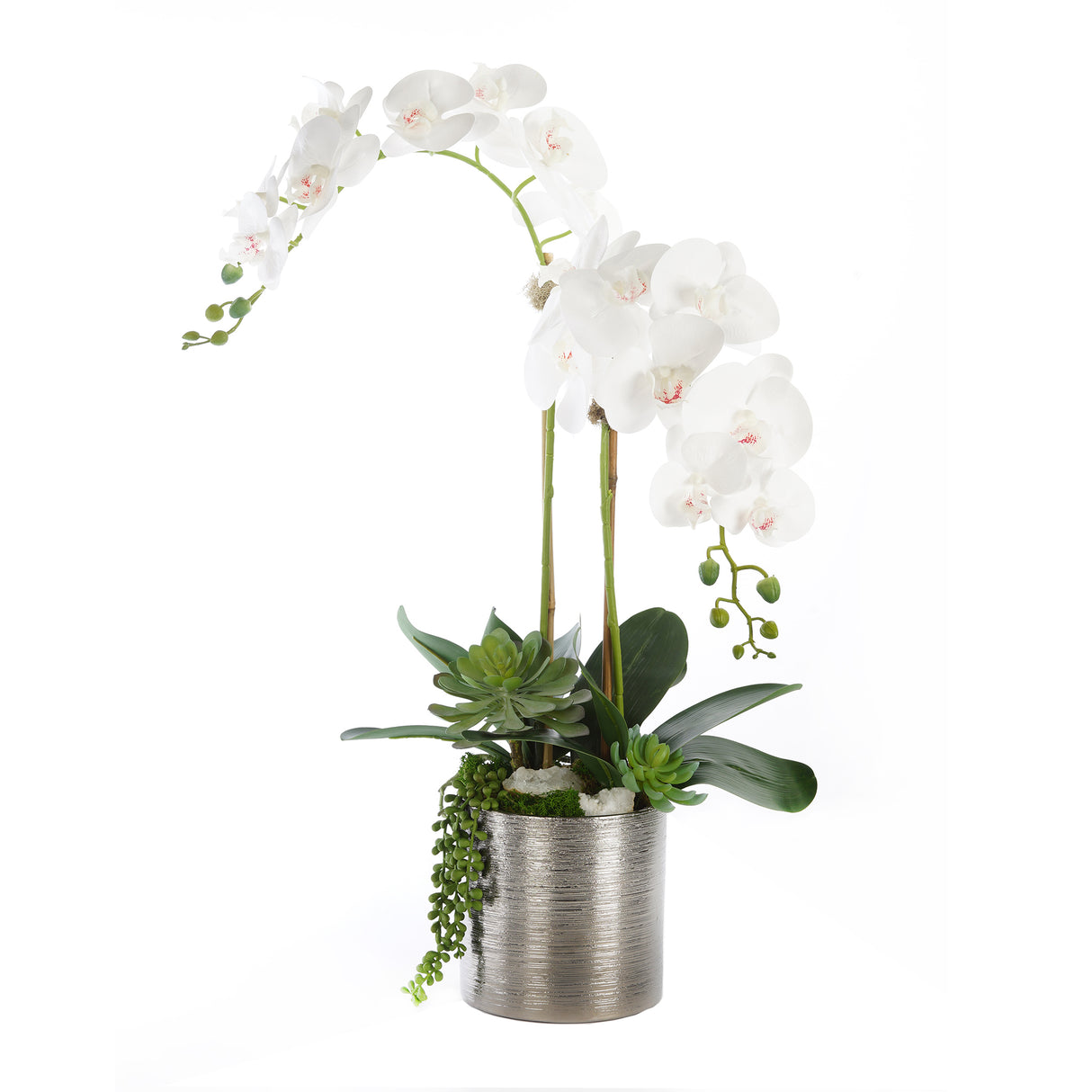 Real Touch White Orchid Flower Arrangement In Silver Ceramic Pot #F-160