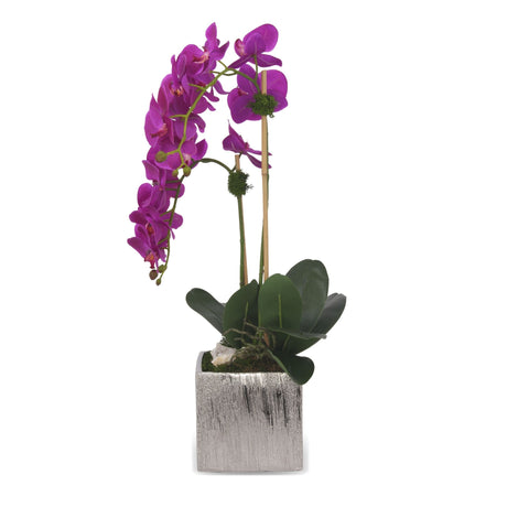 Real Touch Purple Orchids & Geodes Arrangement in Silver Ceramic Pot#F-174