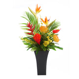 Assorted Tropical Flowers Arrangement in Black metal square flared planter#F-181
