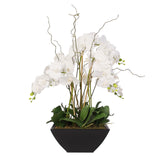 Real Touch Orchids and Leaves in Black Metal Zinc Pot #F-37
