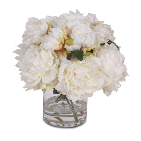 Cream White Silk Peony Arrangement with Faux Water in Glass Vase #F-42