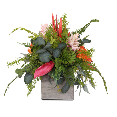 Gorgeous Tropical & Colorful Silk Flower Arrangement in Wooden Pot #F-86