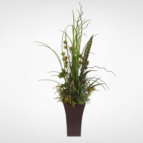 Faux Succulent and Botanical Grass Arrangement in a Metal Brown Zinc Pot #OS-21
