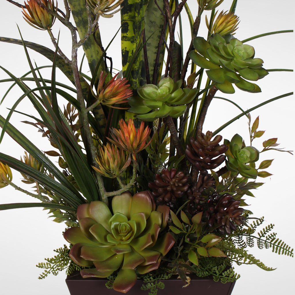 Faux Succulent and Botanical Grass Arrangement in a Metal Brown Zinc Pot #OS-21