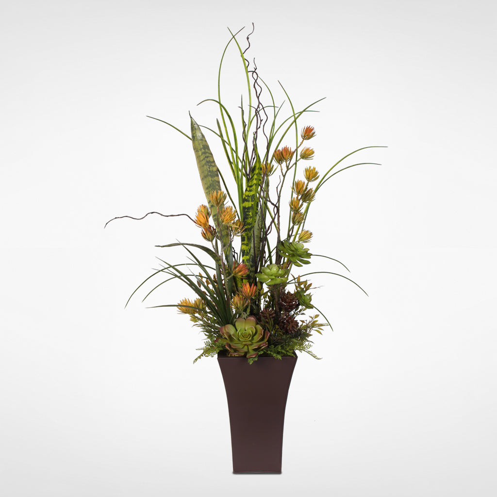 Faux Succulent and Botanical Grass Arrangement in a Metal Brown Zinc Pot #OS-21