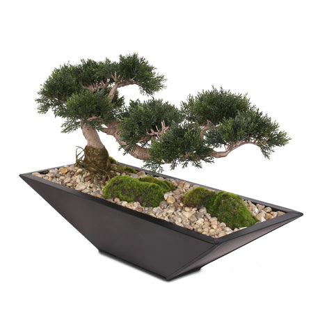 Traditional Fake Large Cedar Bonsai Zinc Garden with Real Pebbles and Faux Moss Grass in Black Metal Zinc Pot #P-14