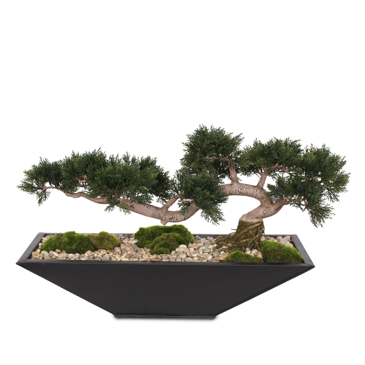 Traditional Fake Large Cedar Bonsai Zinc Garden with Real Pebbles and Faux Moss Grass in Black Metal Zinc Pot #P-14