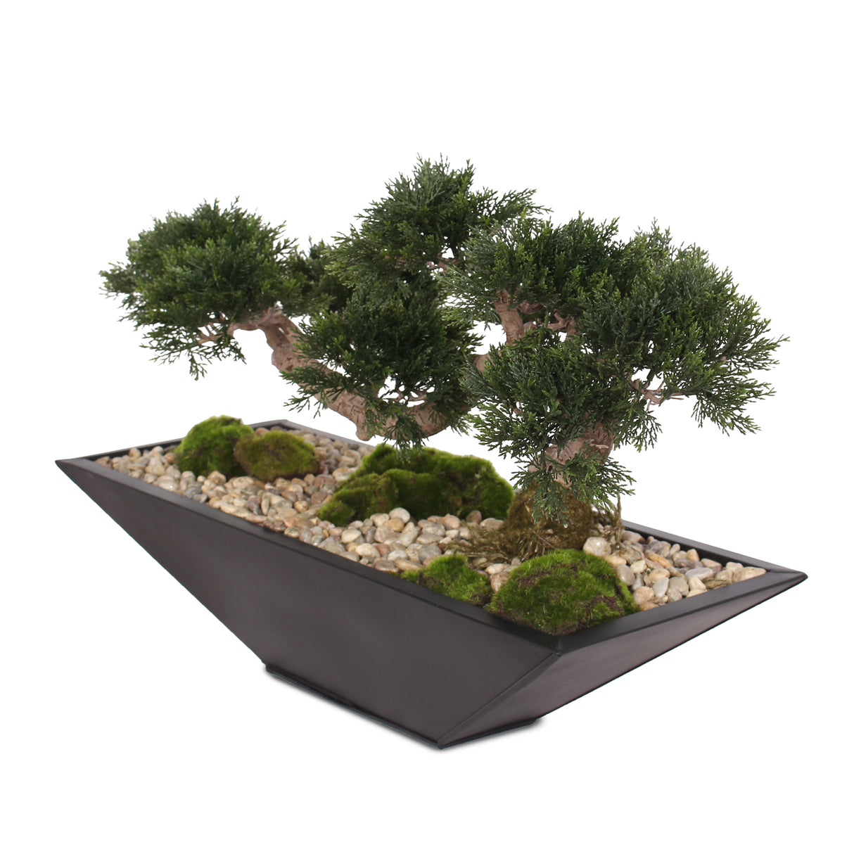 Traditional Fake Large Cedar Bonsai Zinc Garden with Real Pebbles and Faux Moss Grass in Black Metal Zinc Pot #P-14