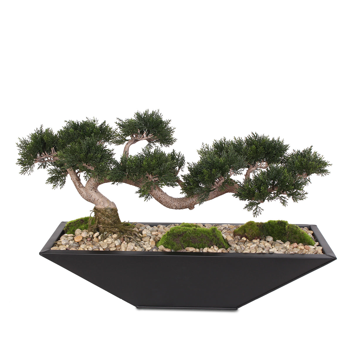 Traditional Fake Large Cedar Bonsai Zinc Garden with Real Pebbles and Faux Moss Grass in Black Metal Zinc Pot #P-14