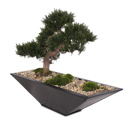 Modern Fake Medium Cedar Bonsai Zinc garden with Real Pebbles and Faux Moss Grass in Black Metal Zinc Pot #P-15