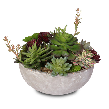 Artificial Succulent Variety in a Modern Cement Round Bowl #S-06