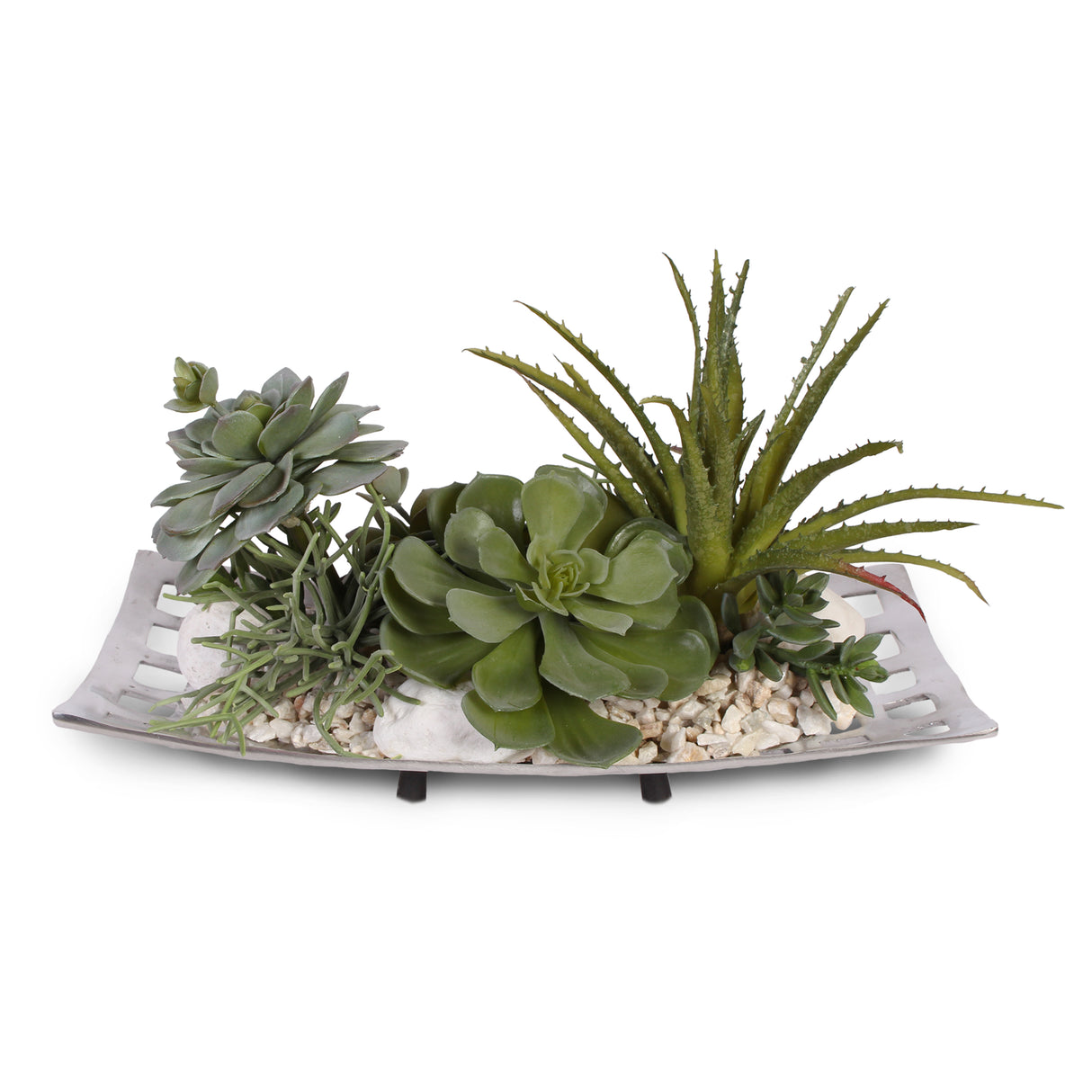 Artificial Succulents with Natural Pebbles in Aluminum Tray #S-20