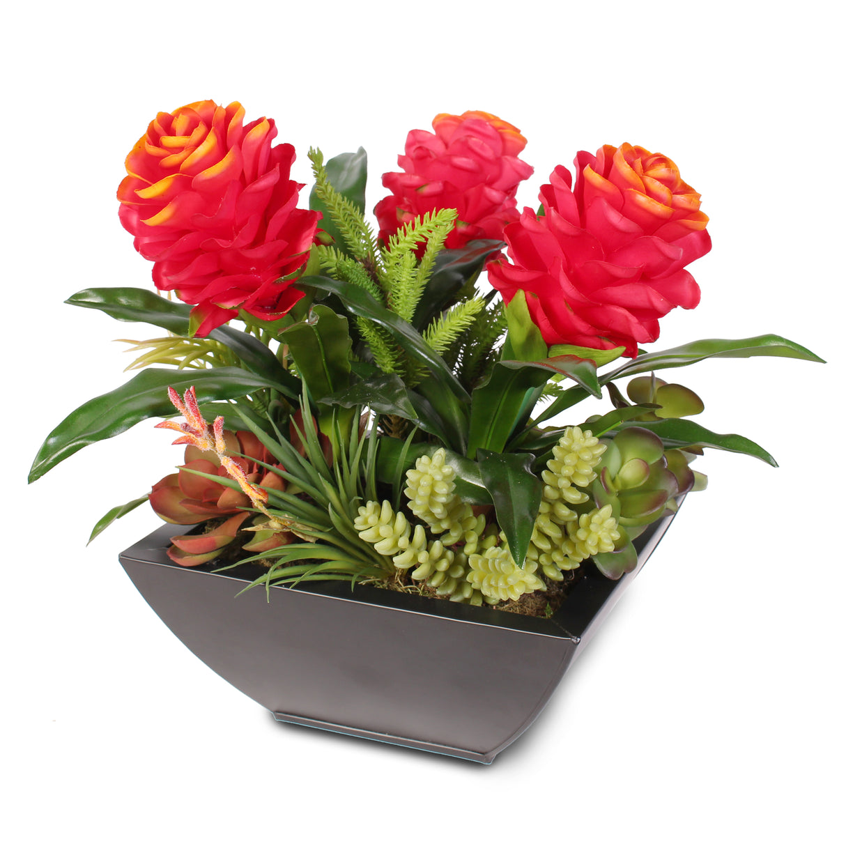 Silk Red Ginger and Artificial Succulents in a Modern Matte Finish Metal Planter #S-61H