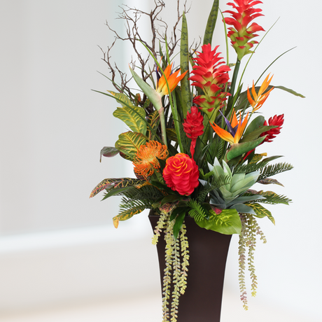 Luscious Tropical Silk Flowers and Greens in Brown Metal Pot #F-113