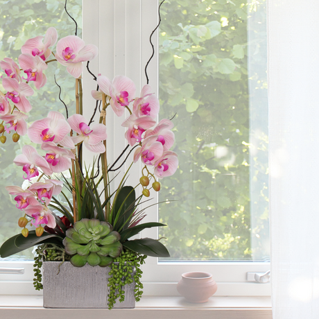 Jenny Silks Real Touch Pink Phalaenopsis Orchids and Succulents Flower Arrangement#F-132