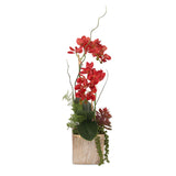 Real Touch Red Orchid, Fern/Succulents Flower Arrangement in Gold Pot #F-168