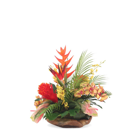 Assorted Tropical Flowers Arrangement in A Natural Character Teak Wood Bowl #F-169