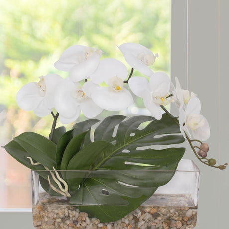 Real Touch Orchid and Philo Leaf with Natural Pebbles Arrangement #F-93